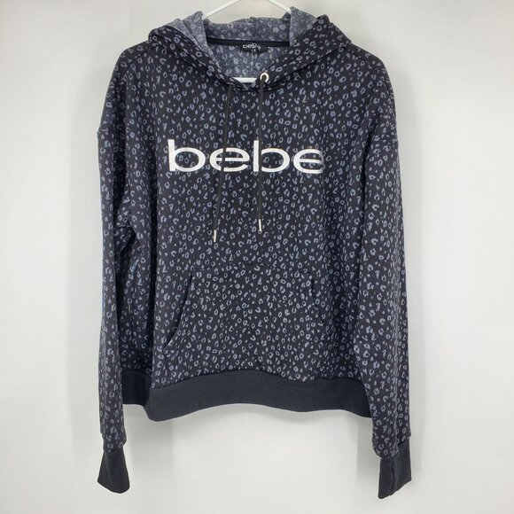 Bebe Sport Women's Grey Leopard Print Long Sleeve Pullover Hooded Sweatshirt 1X - Picture 1 of 7
